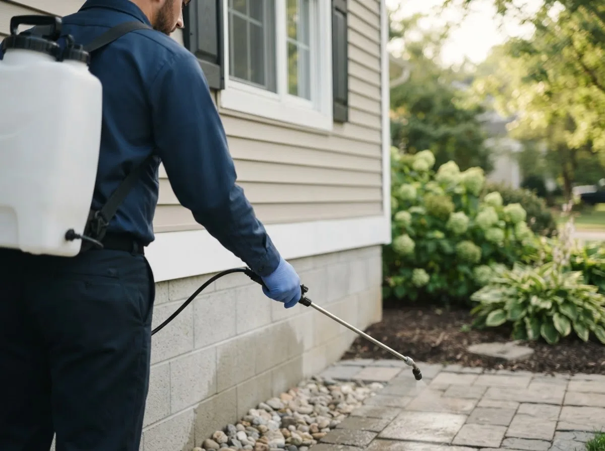 Pest control technician inspecting a home in Fannin, TX